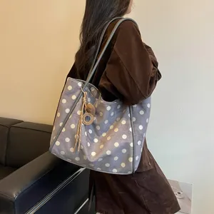 Grey polka dot casual shoulder tote bag, large capacity daily handbag for women.
