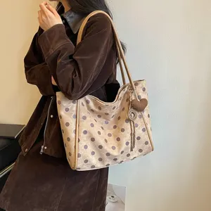 Women brown polka dot tote bag large capacity PU leather shoulder handbag casual work commuting