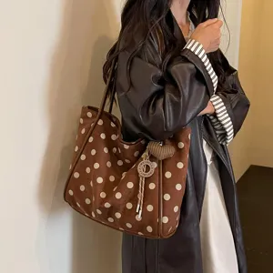 Stylish brown polka dot tote bag for women, large capacity suede shoulder bag for commute.