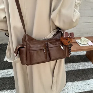 Multi-pocket shoulder crossbody bag for women, autumn winter casual leather commuter bag.