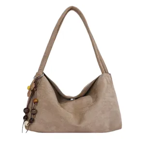 Retro brown suede hobo shoulder bag with wooden beaded pendant for daily commute women