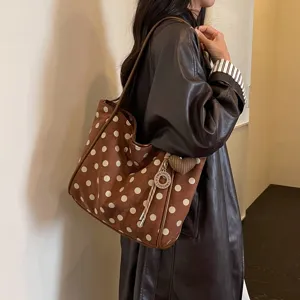 Fashion polka dot shoulder tote bag for women, large capacity casual brown suede commuter bag.