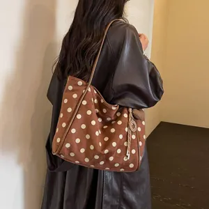 Chic brown polka dot tote bag for women, large capacity stylish casual shoulder bag.