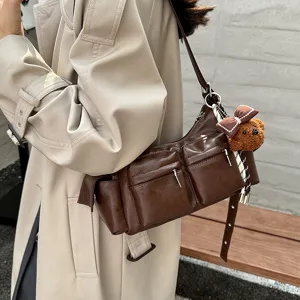Brown multi-pocket shoulder bag, stylish casual crossbody bag for women, everyday commute.
