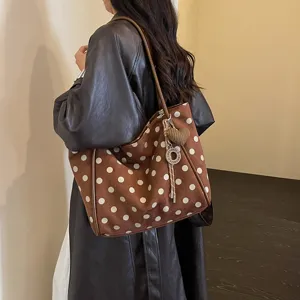 Brown polka dot shoulder tote bag, stylish large capacity casual handbag for women detail.