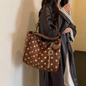 Stylish brown polka dot tote bag for women, large capacity suede shoulder bag for daily commute.