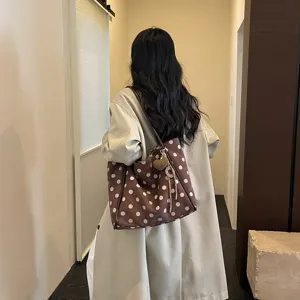 Fashion polka dot canvas tote bag for women, large capacity casual shoulder bag.
