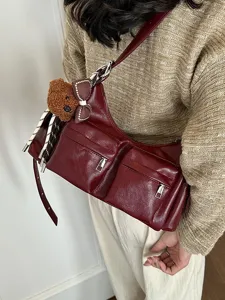 Women's Burgundy Multi-Pocket Shoulder Crossbody Bag with Cute Bear Pendant Style