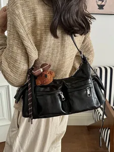 Women casual large capacity shoulder bag multi pocket commuter hobo handbag with cute bear pendant
