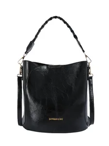 Élégant sac seau noir en similicuir avec poignée tressée et superbes détails dorés.