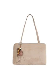 Chic khaki suede shoulder bag for women, retro underarm handbag with chic beaded charm decor.