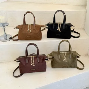 Vintage faux suede handbag stylish solid color crossbody bag women retro top handle bag daily purse