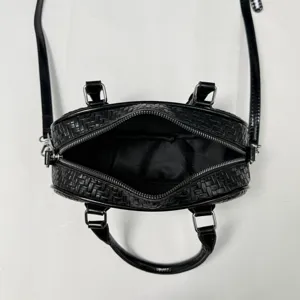 Schwarze gewebte Leder Handtasche Damen Umhängetasche Schultertasche Shopper Tasche