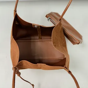 Brown suede tote bag with matching pouch, large capacity shoulder bag for women commuting.