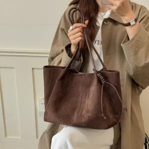 Women large capacity tote bag vintage brown suede shoulder bag casual commuter handbag