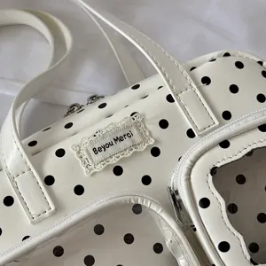 White polka dot bowling bag women casual shoulder bag trendy PU leather handbag fashion.