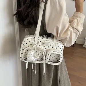 Polka dot bowling shoulder bag for women, large capacity casual handbag with clear pockets.