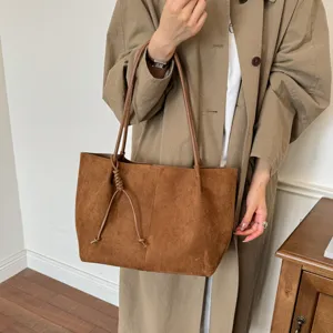 Brown suede tote bag for women, vintage shoulder bag with large capacity, chic daily commute.