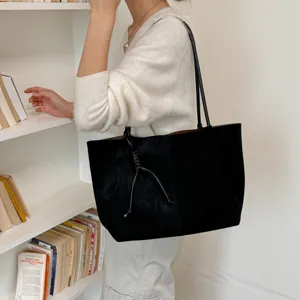 Large capacity black suede tote bag for women, stylish minimalist retro shoulder bag.