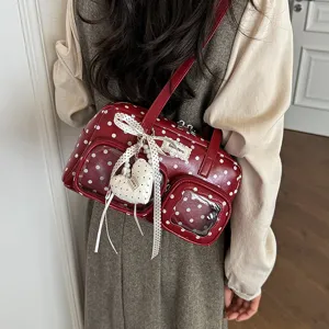 Women red polka dot bowling bag stylish shoulder handbag with transparent front window.