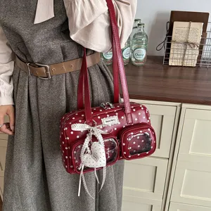 Red polka dot bowling bag for women trendy large capacity shoulder commuter bag style