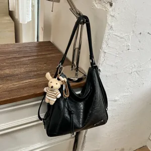 Women large capacity black shoulder tote bag casual PU leather handbag with cute bear charm