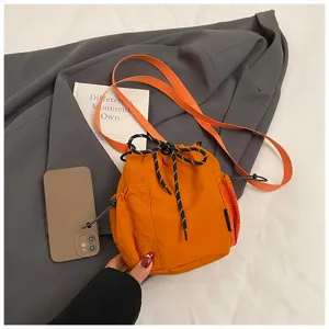 Nylon drawstring bucket bag casual sports crossbody bag versatile orange shoulder bag