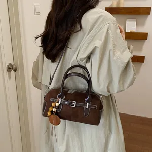 Luxe vintage bruine suède Boston handtas voor dames, chique retro schoudertas.