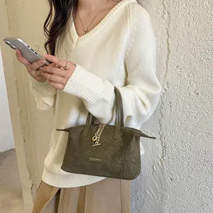 Minimalist retro suede handbag with chic chain detail, versatile solid color crossbody bag.