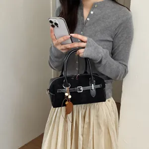 Koreanische Retro schwarze Veloursleder Boston Handtasche, lässige Schultertasche.