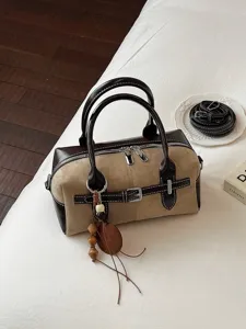 Damen Vintage PU Leder Boston Handtasche Kontrastnähte Casual Kissen Umhängetasche Mit Holzperlenanhänger