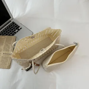 Summer hollow woven tote bag set, large capacity shoulder bag with inner pouch, beige.