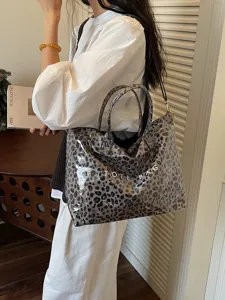 Moderna borsa shopper trasparente leopardata retrò, grande borsa a tracolla casual