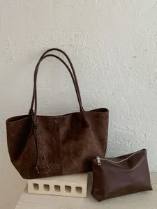 Women Faux Suede Tote Bag Large Capacity Western Retro Shoulder Bag Casual Commute Handbag With Drawstring Knot