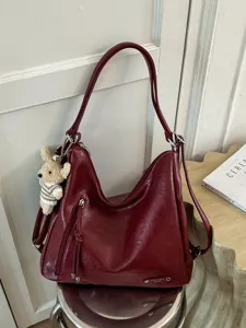 Women Retro Large Capacity PU Leather Tote Bag Casual Daily Solid Color Stitching Shoulder Messenger Bag Multi-functional Backpack For Ladies