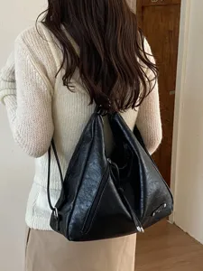 Women large capacity black faux leather convertible shoulder backpack stylish casual daypack