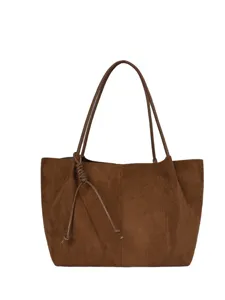 Brown suede tote bag for women, large capacity retro shoulder bag for daily commute.