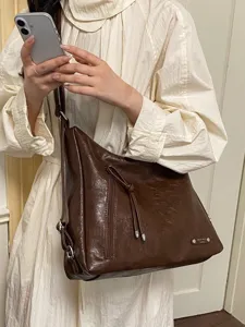 Stylish large capacity brown faux leather shoulder bag tote hobo bag for women autumn.