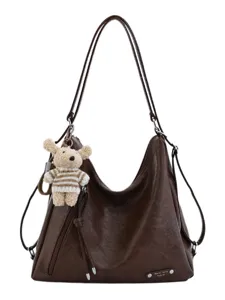 Large capacity women shoulder bag convertible PU leather hobo tote backpack with cute bear.