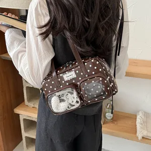 Brown polka dot bowling shoulder bag with front transparent pockets for women, Korean style.