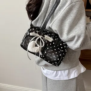 Stylish polka dot bowling bag with clear front pocket, chic shoulder underarm bag for women.