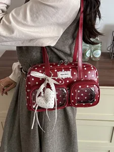 Red Polka Dot Bowling Bag Women PU Leather Shoulder Underarm Bag with Transparent Pockets