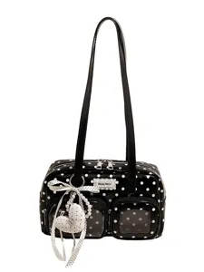 Black white polka dot bowling handbag for women, cute shoulder bag with pearl heart charm.