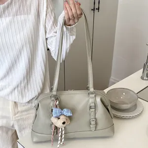 Retro large capacity underarm shoulder bag for women, stylish commuting handbag with cute bear.