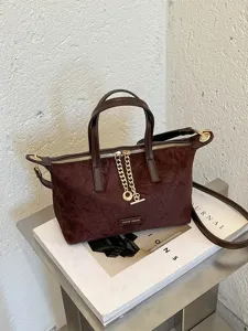 Vintage Suede Crossbody Bag For Women Western Style Solid Color Metal Chain Shoulder Bag Small Elegant Handbag Top Handle Purse