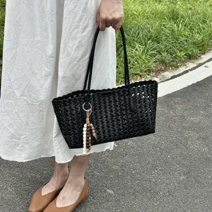 Black woven tote bag for women, large capacity hollow shoulder bag with wooden bead pendant summer.