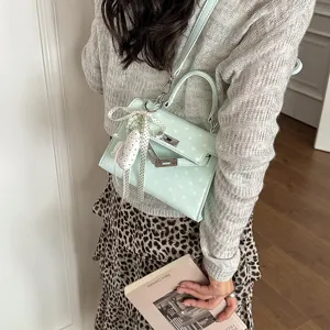 Mint green polka dot handbag women stylish shoulder crossbody bag elegant Kelly style purse