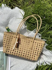 Women Large Capacity PU Leather Hollow Out Tote Bag Fashion Woven Shoulder Bag With Sub Bag Vintage Commuter Handbag