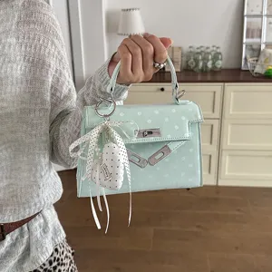 Mint green polka dot women handbag stylish shoulder crossbody bag with charm design