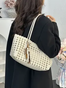 Women woven tote bag summer hollow shoulder bag casual daily commuting handbag with beads